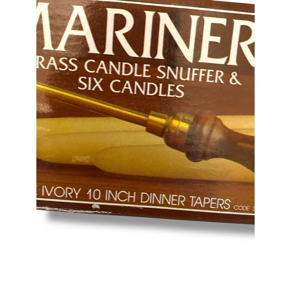 Vintage Brass Wood Candle Snuffer Mariner Six Ivory 10 Inch dinner Candles W/Box